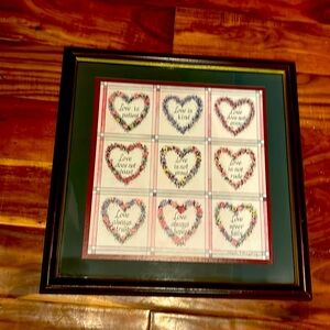 Love is, hearts in pinks yellow blue purple,green cherry frame